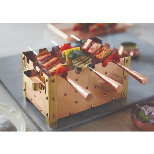 Hammered Copper Tabletop Rectangular Barbeque Grill with Brass Handle & Skewers for Serving, 3 Skewers