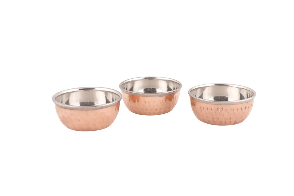 Copper / Stainless Steel Double Wall Hammered Omega Katori Bowl, 135 ML, 3