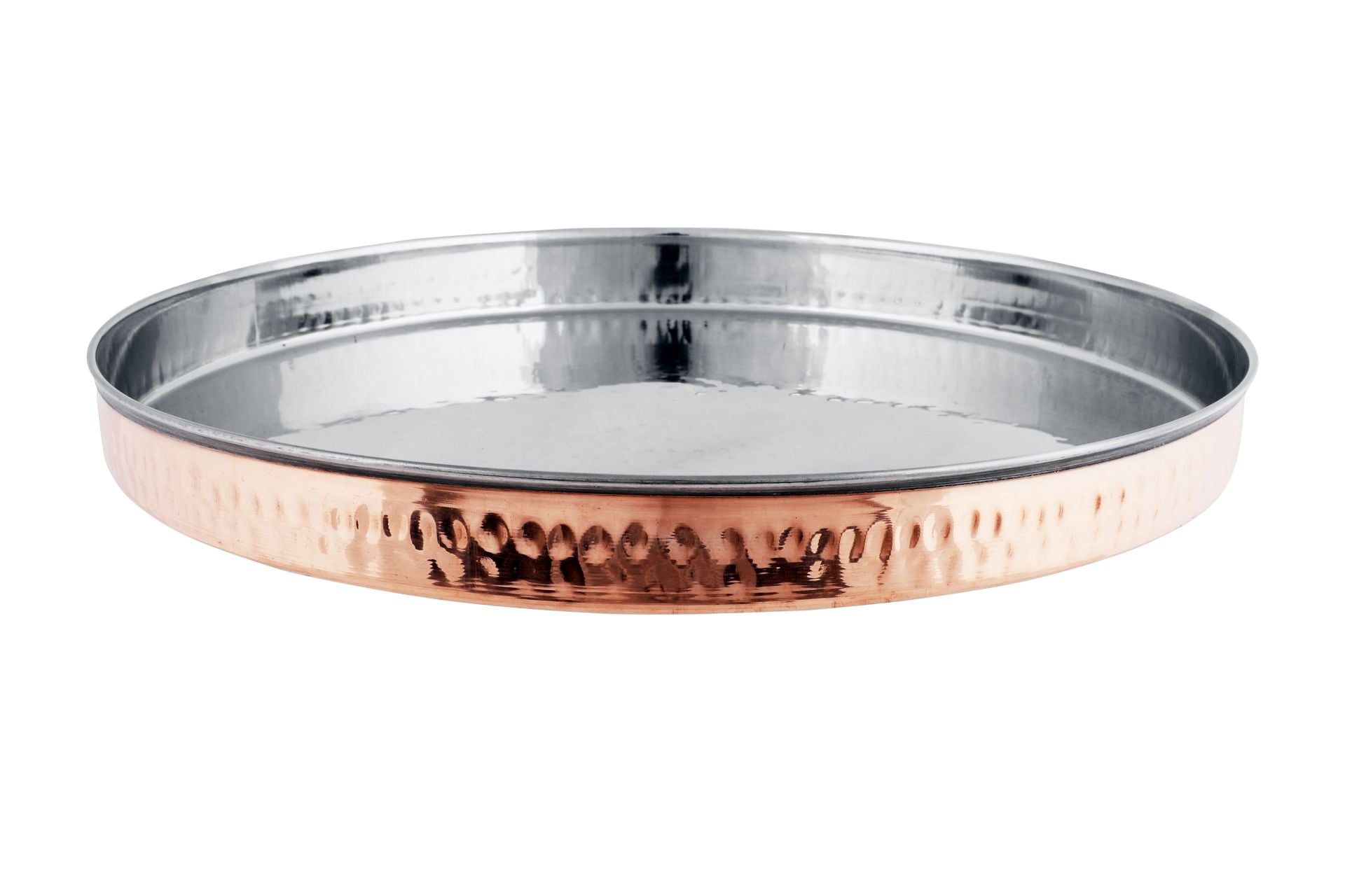 Hammered Double Wall Copper Stainless Steel Round Thali, 13, Upright Rim Thali