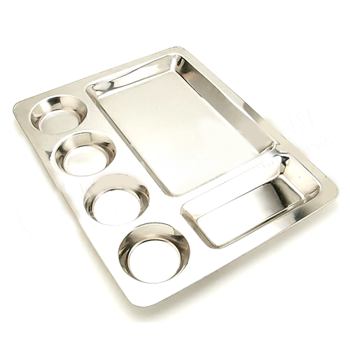 Stainless Steel Rectangular Mess Thali Plate, 6 Compartments, 16.5"