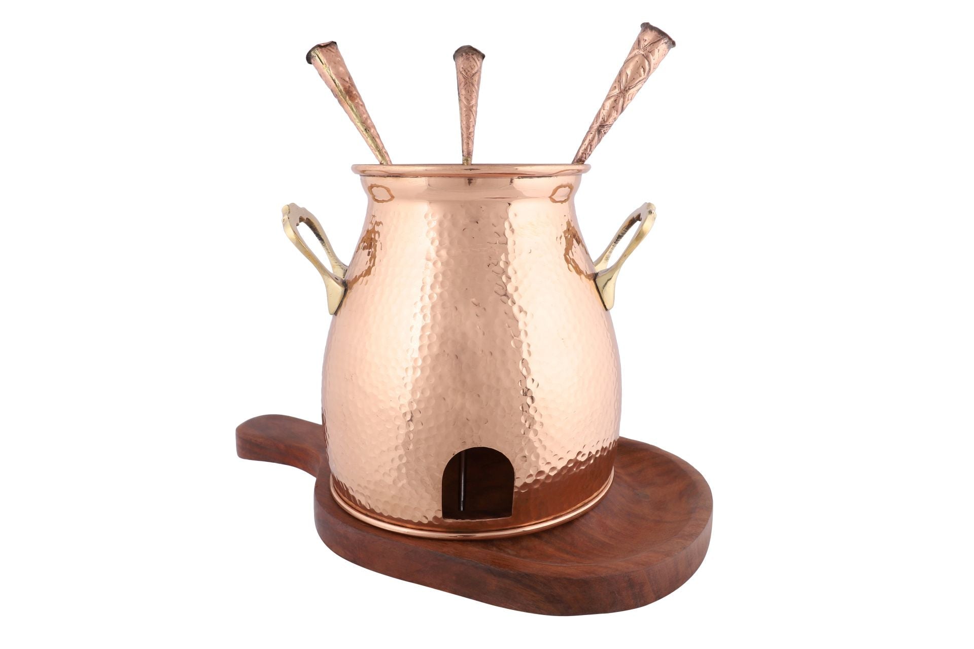 Copper Tandoor, Hammered Serving Table Tandoor with Wooden Tray & 3 BBQ Skewers