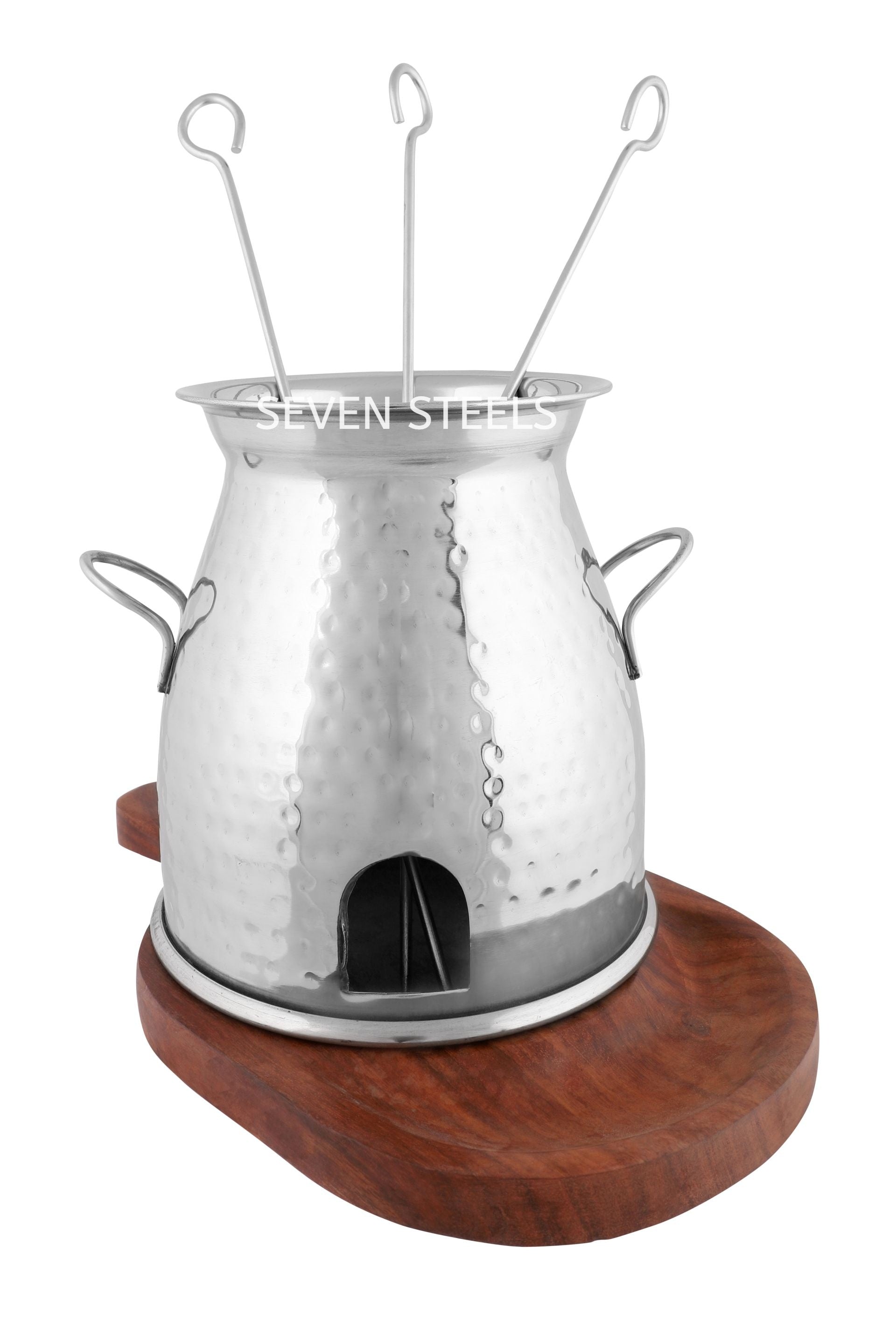 Stainless Steel Hammered Table Serving Tandoor with Wooden Platter, 3 Skewers