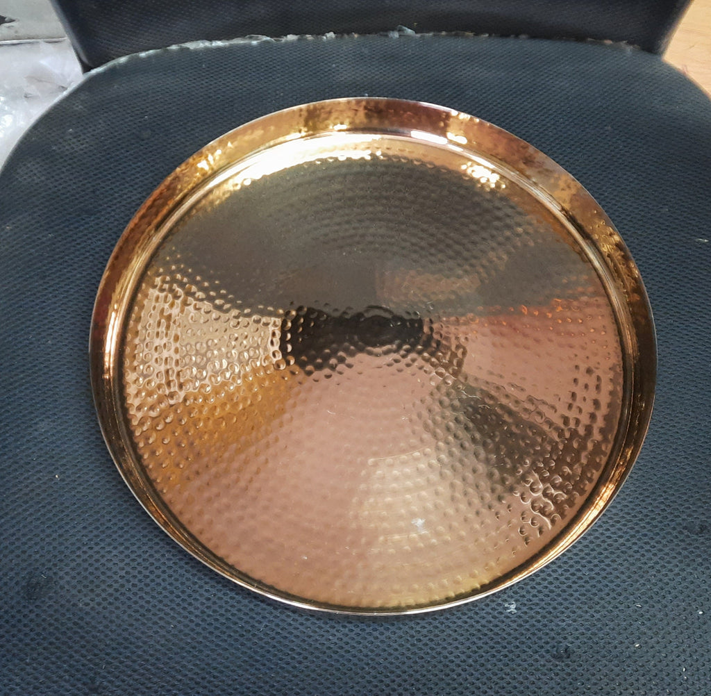 Stainless Steel Rose Gold Finish PVD Coating Round Hammered Thali, 13 Diameter