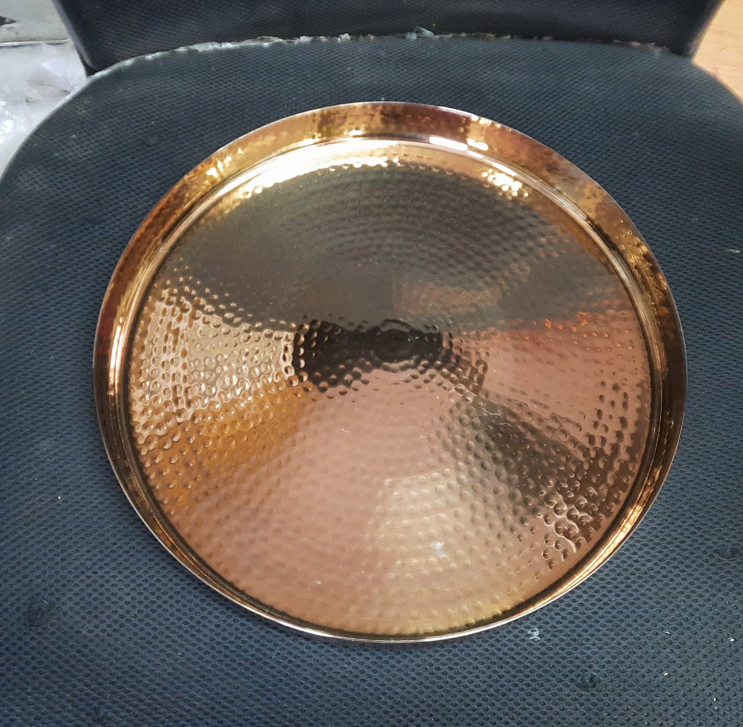 Stainless Steel Rose Gold Finish PVD Coating Round Hammered Thali, 13 Diameter