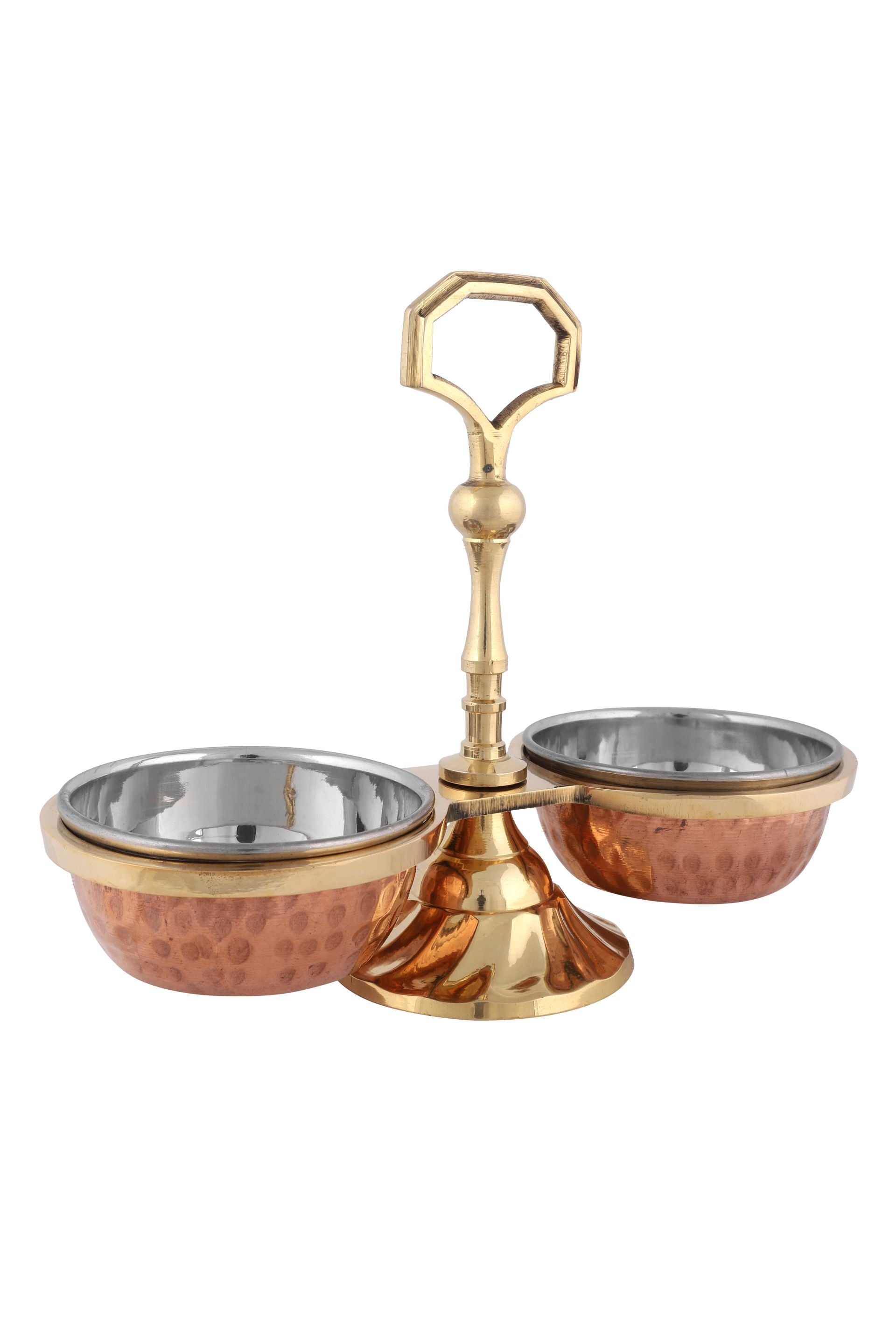 Copper Stainless Steel Hammered Pickle Set - 2 Bowls with Solid Brass Stand, Condiment Set