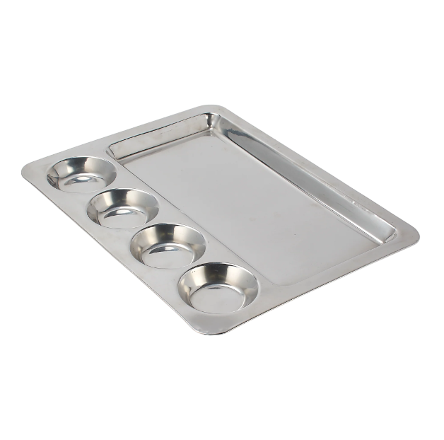 Stainless Steel Rectangle Dosa Plate / Thali, 5 Compartments, 16.5", Extra Heavy Duty