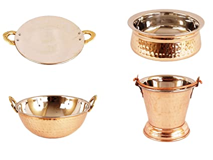 Double Wall Hand Beaten Copper Stainless Steel Serving Set, 8 pcs Pack