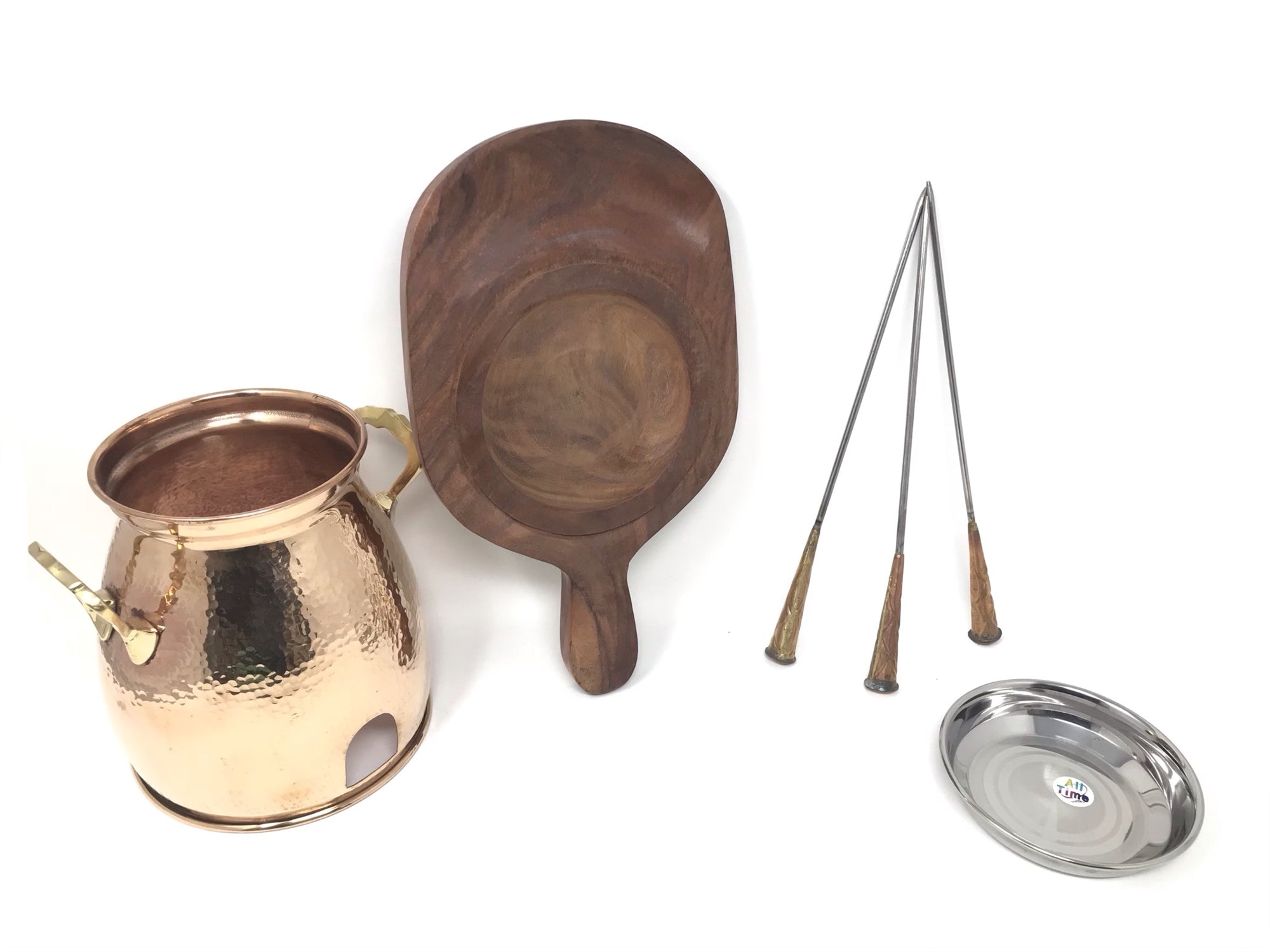 Copper Tandoor, Hammered Serving Table Tandoor with Wooden Tray & 3 BBQ Skewers