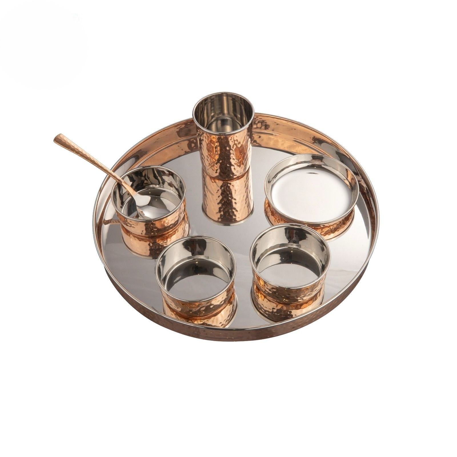 Copper Stainless Steel D/W Hammered Round Thali Set, Set of 7 Pieces Thali, 13
