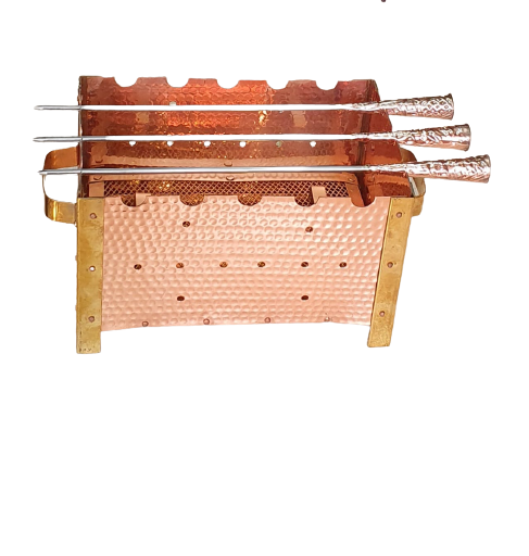 Hammered Copper Tabletop Rectangular Barbeque Grill with Brass Handle & Skewers for Serving, 3 Skewers