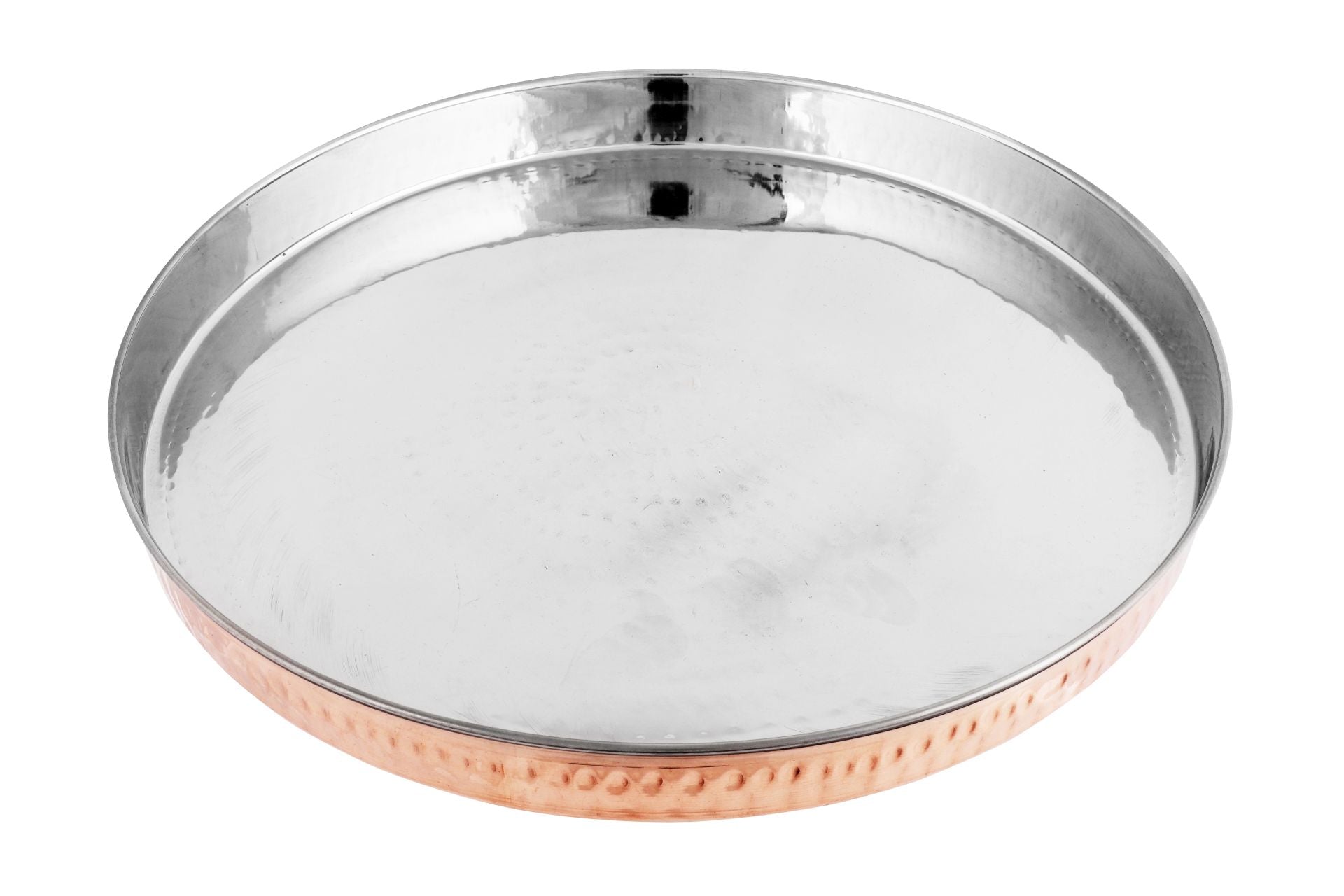 Hammered Double Wall Copper Stainless Steel Round Thali, 13, Upright Rim Thali