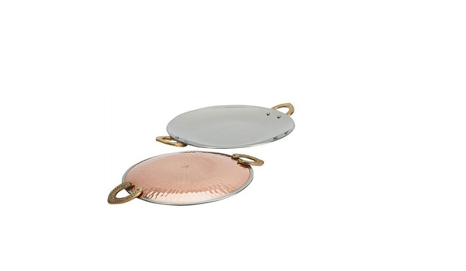 Copper/Stainless Steel Double Wall Hammered Tawa Platter with Brass Handle, 7