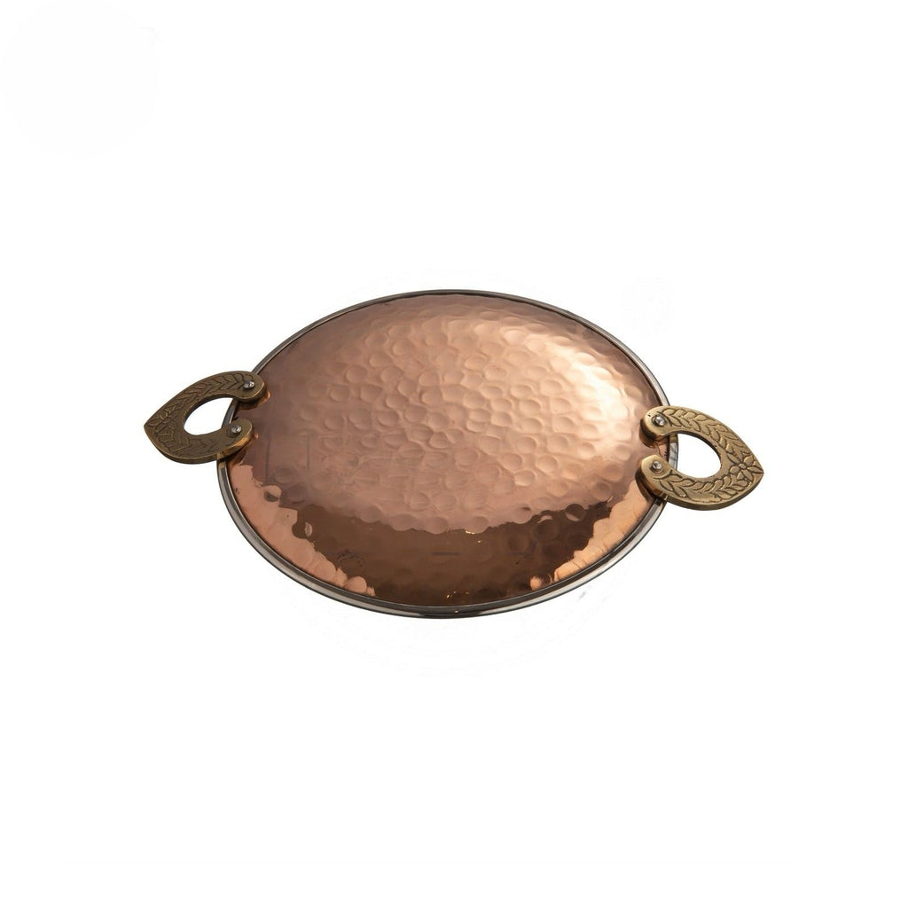 Copper/Stainless Steel Double Wall Hammered Tawa Platter with Brass Handle, 7
