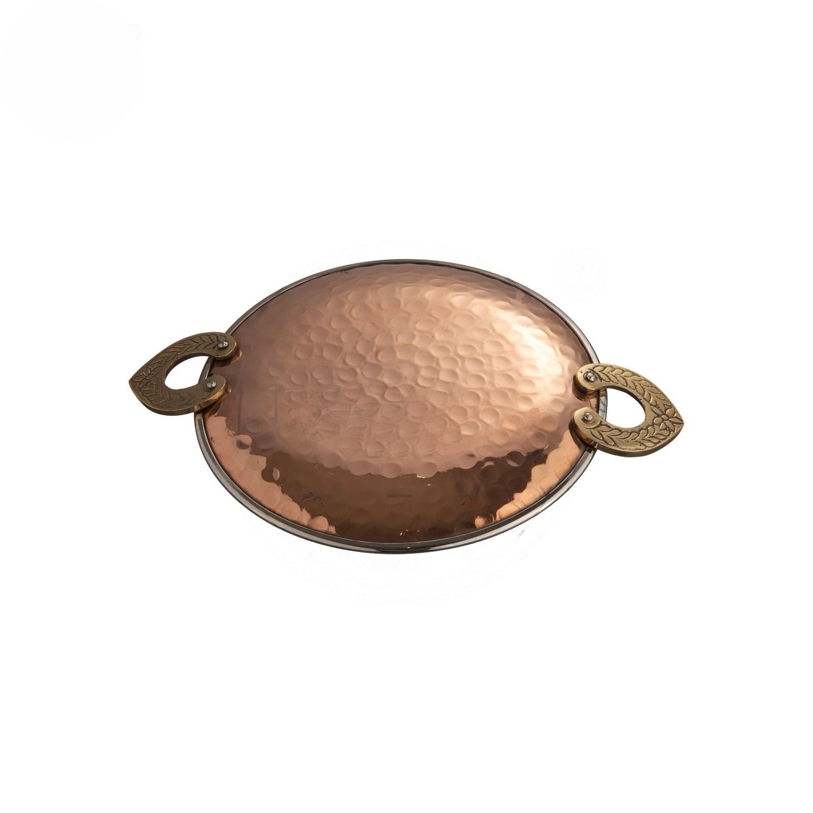 Copper/Stainless Steel Double Wall Hammered Tawa Platter with Brass Handle, 7