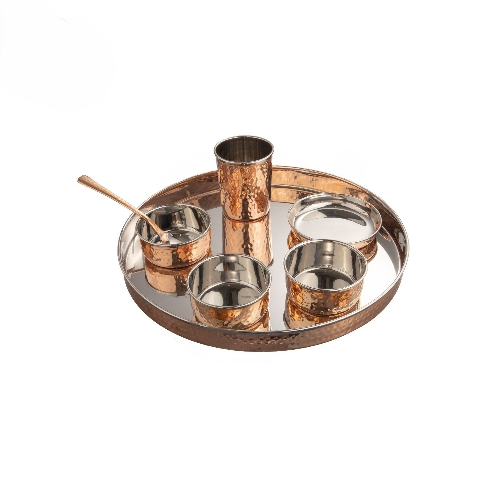 Copper Stainless Steel D/W Hammered Round Thali Set, Set of 7 Pieces Thali, 13